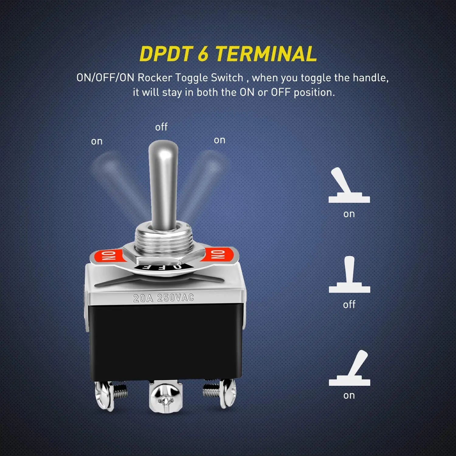 5pcs Latching Heavy Duty Rocker Toggle Switch 20A 125V AC DPDT 3 Positions 6 Pins ON/Off/ON Switch with Waterproof Boot Cap