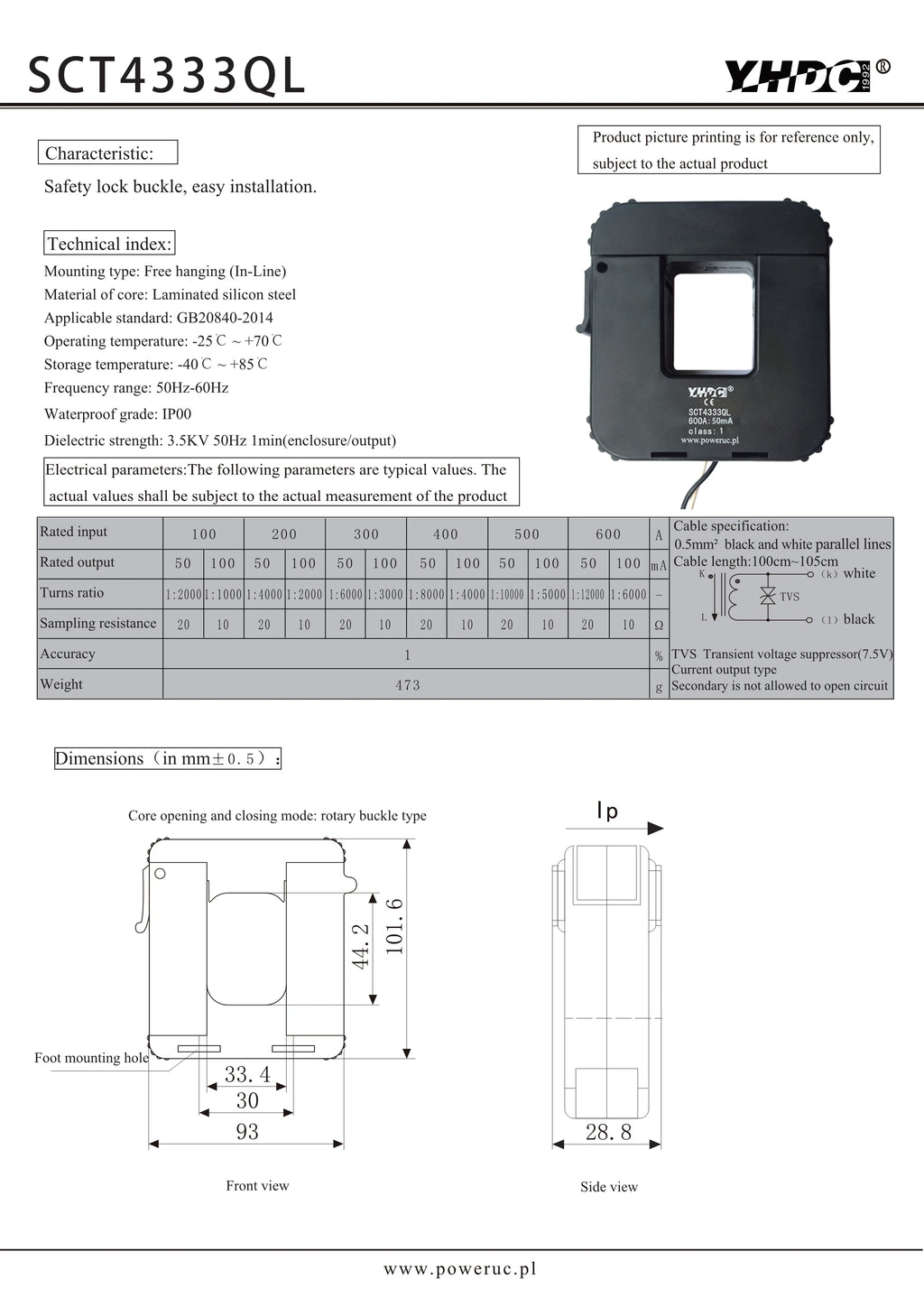 QL Series SCT4333QL Input 100A 200A 300A 400A 500A 600A Output 1A/5A Accuracy 1% Split Core Current Transformer