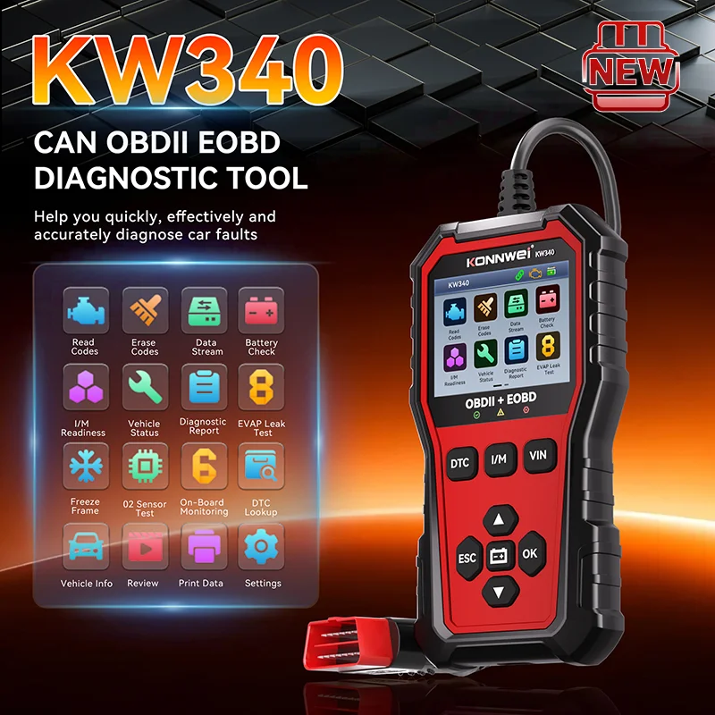 2026 KONNWEi KW340 Car CAN OBD2 EOBD Diagnostic Tool Engine Battery Test Read Fault Code Clear Real-Time Data O2 Inspection Tool