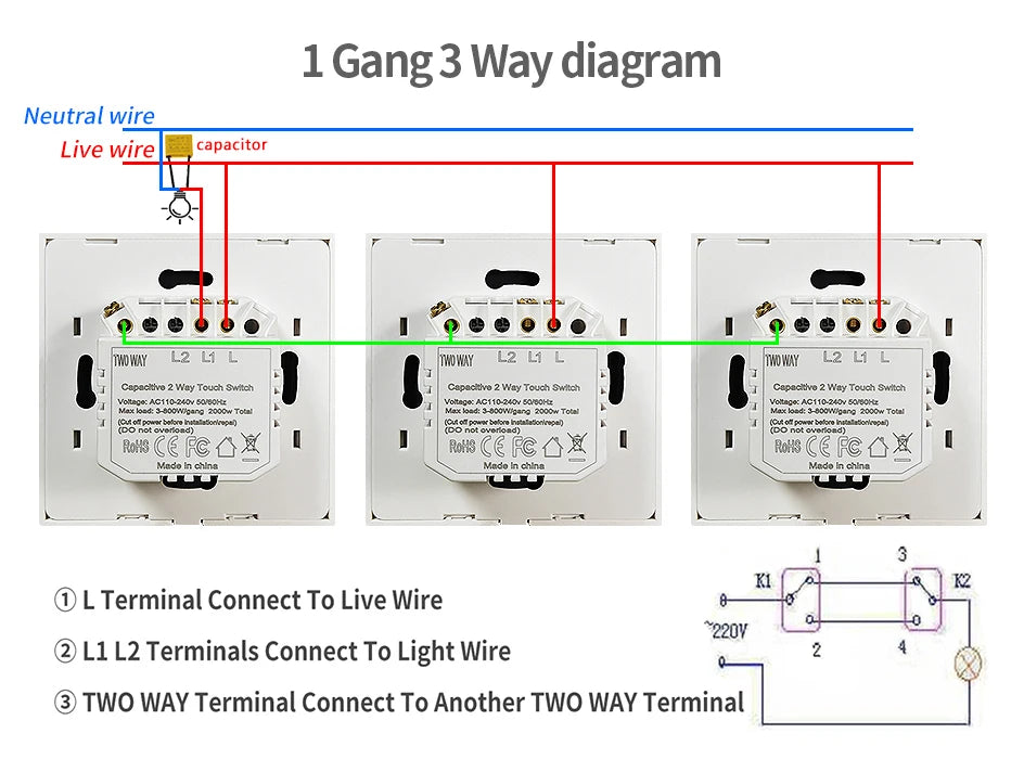 NYWP EU 86*86mm 1Gang 2Way Dual Touch Switch Tempered Glass Panel Stair Switch Bedroom Sensor Switches Cross No Need WI-FI
