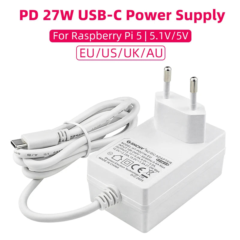 Raspberry Pi 5 5.1V 5A Power Supply PD 27W USB Type C GaN Charger EU US UK Plug Power Adapter for Raspberry Pi 5/4B RPI 5