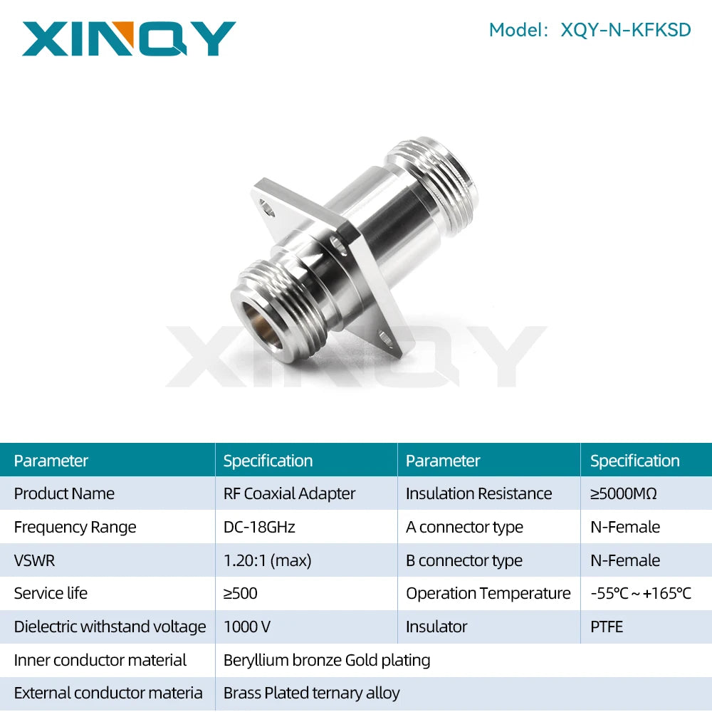XINQY N-Type Coaxial Adapter, Female to Female, 18 GHz, Panel Mount, 4-Hole Flange Connector