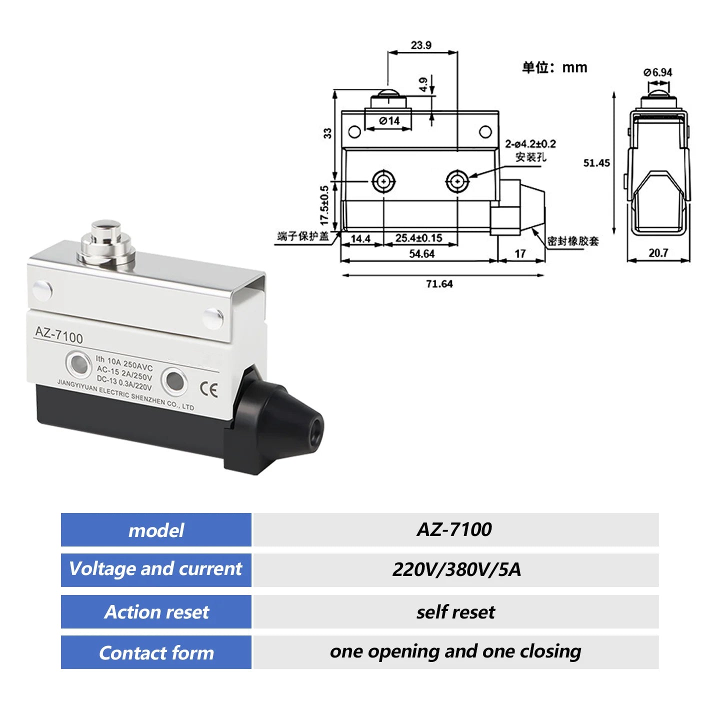 10A 250V AZ Waterproof Microswitch Travel Micro Limit Switch Small Horizontal Roller Lever AZ-7312 AZ-7311 AZ-7121 AZ-7310