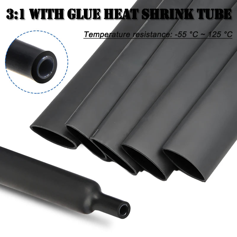 1/2/3M Heat Shrink Tube with Glue 1.6mm - 50mm Black Dual Wall Adhesive Lined Polyolefin Shrinkin Wrap Cable Protect Sleeving
