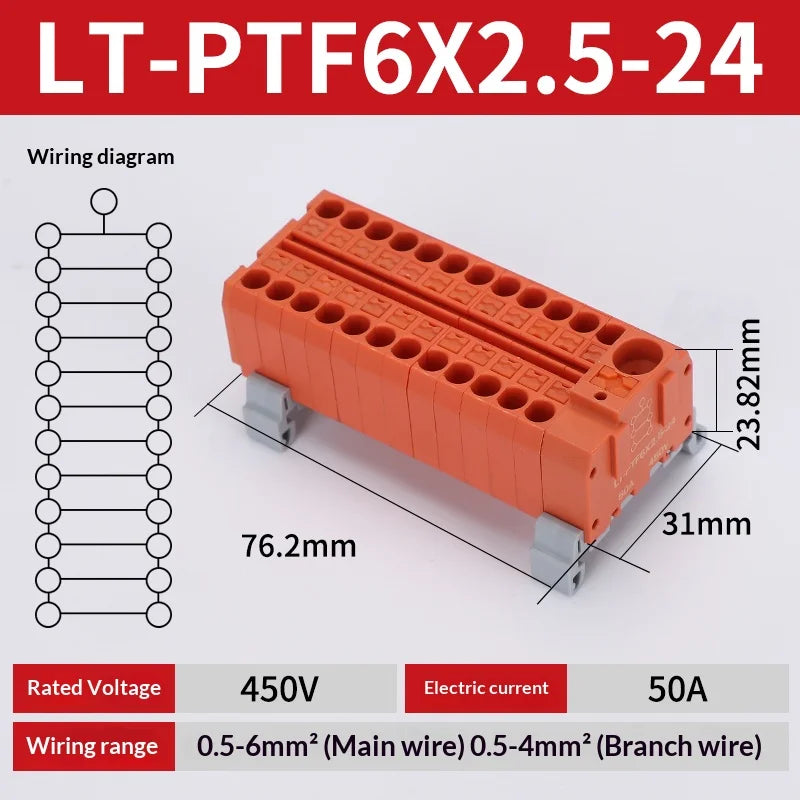 Push-in Terminal Block PTF6X2.5mm One in Multiple Out Splitter Spliceable Wire Connectors DIN Rail Junction Box Electrical Joint