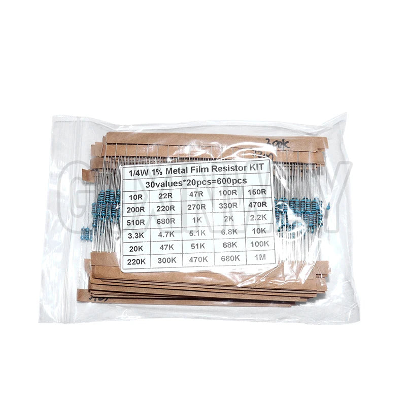 30values Pack Assorted Kit 1/4W 1% Metal Film Resistor KIT 1K 10K 100K 220ohm 1M Resistors