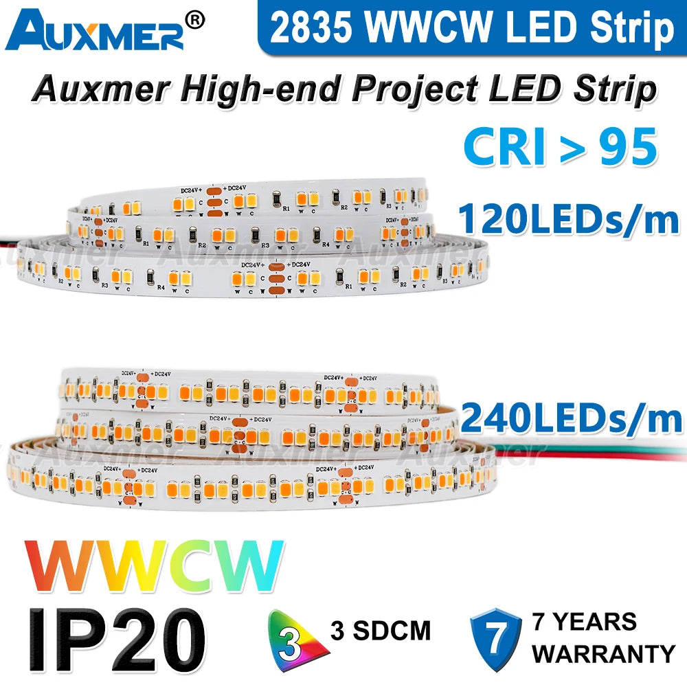 Auxmer 2835 WWCW LED Strip Lights,120LEDs/m 240LEDs/m,CRI＞95 Super Bright Flex LED DC12/24V,5m/reel,CCT 2400~6500K,IP20,3SDCM