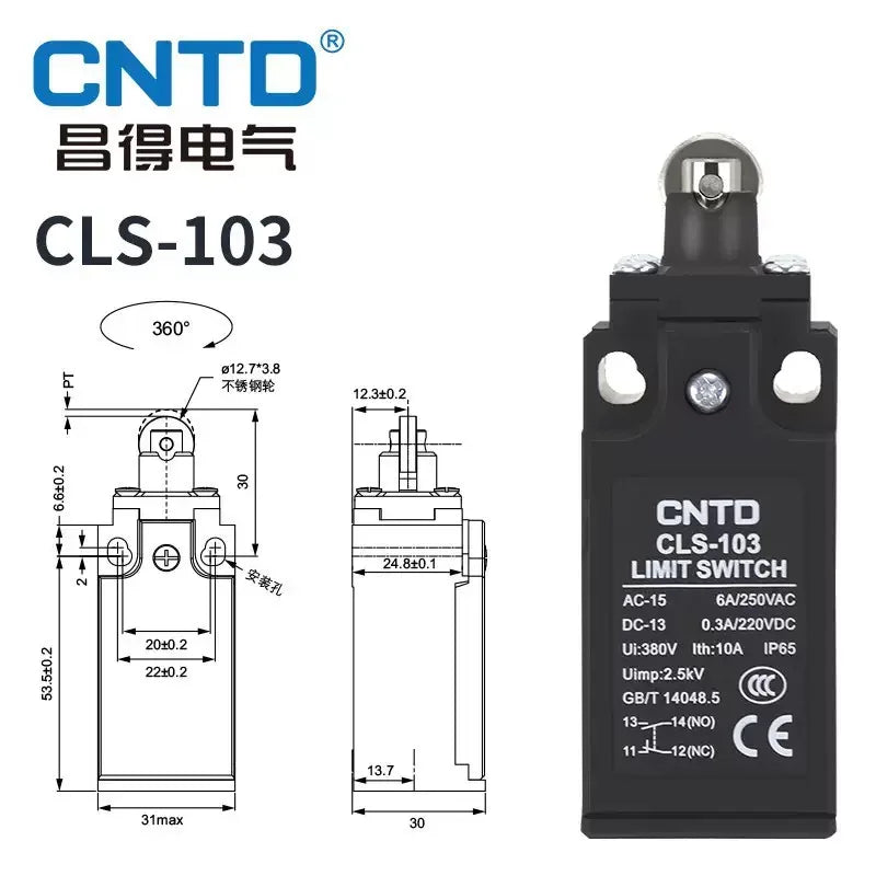CNTD CLS-103 Cross Roller Plunger Limit Switch 1NO+1NC IP65 Waterproof Oil Resistant Travel Switch 6A 250VAC Industrial Control
