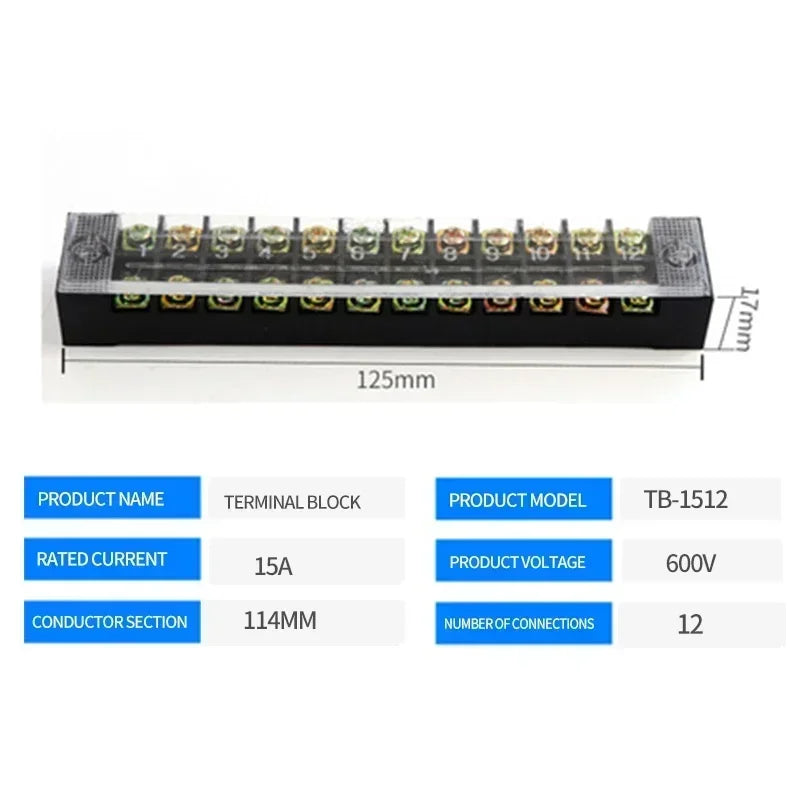 TB1503 TB2503 TB4512 Screw Terminal Block Barrier Strip 15A 25A 45A Wire Connector with Flame Retardant PC Cover for DIN Rail