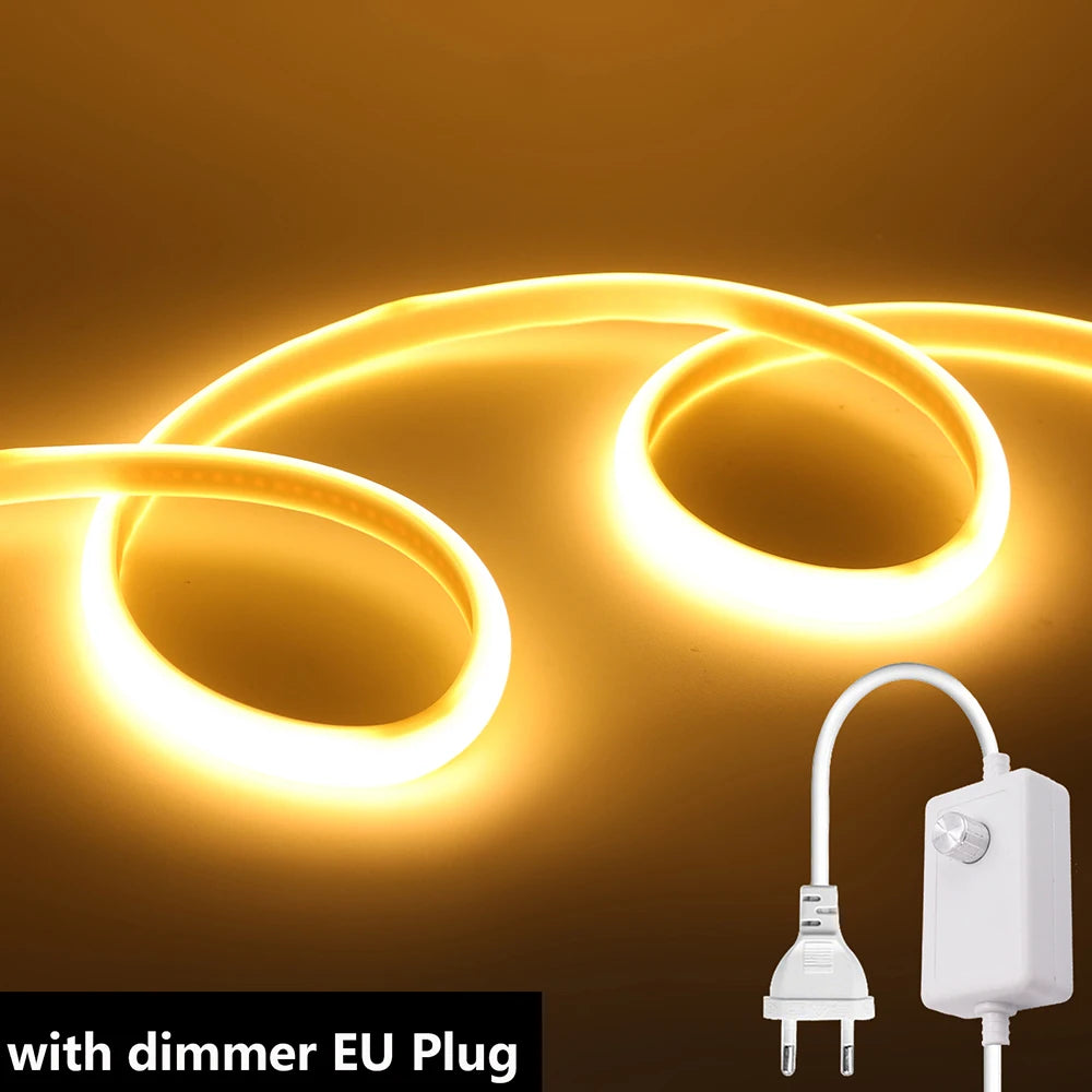 Dimmable 220V COB LED Light With Dimmer EU Power Kit Neon Strip 288Leds/M Waterproof Garden Room Home Bar Lighting Flexible Lamp