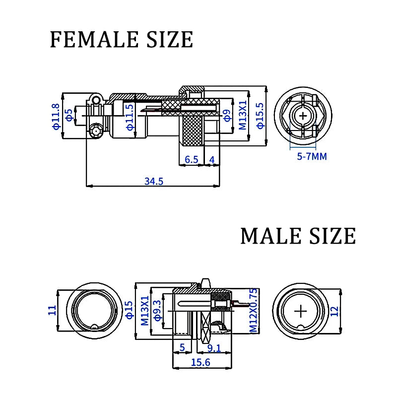 5Pcs GX12 Aviation Connector Plug Socket 2/3/4/5/6/7 Pin Male Female Panel Mount 12mm Circular Metal Wire Adapter Nut Type