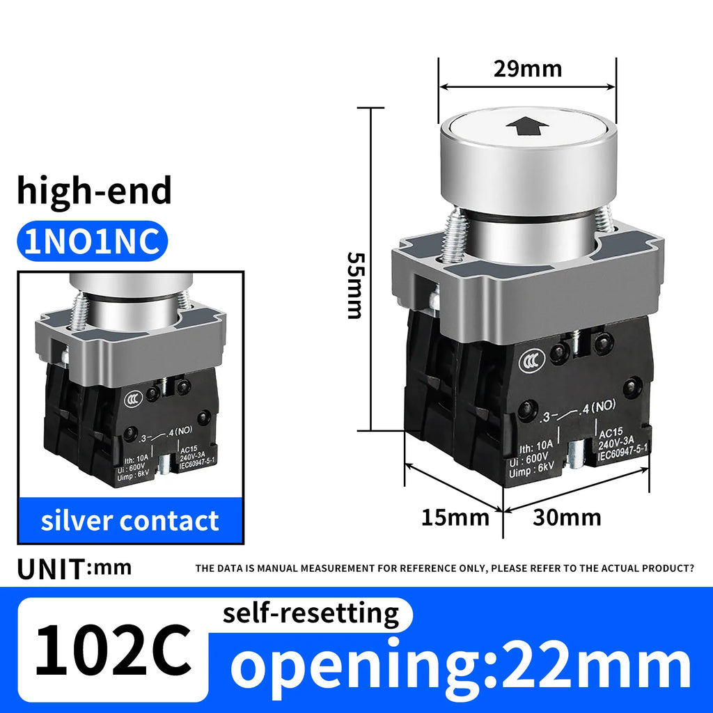 10Pcs 22MM Momentary symbols Push Button Switch 1NO1NC SPDT 10Amp 600V Metal Head Waterproof IP65,Control power button switch