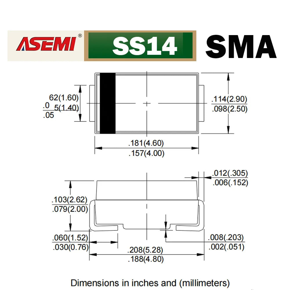 100PCS SS14 1A 40V Schottky Diode SMA ASEMI