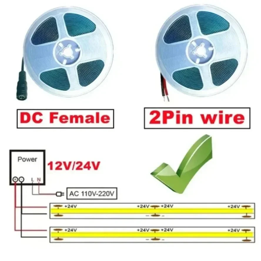 5M 10M Per Roll COB LED Strip DC12V 24V 8mm LED Lights for Room Bedroom TV Decor High Density Soft Flexible Neon Tape Light Lamp