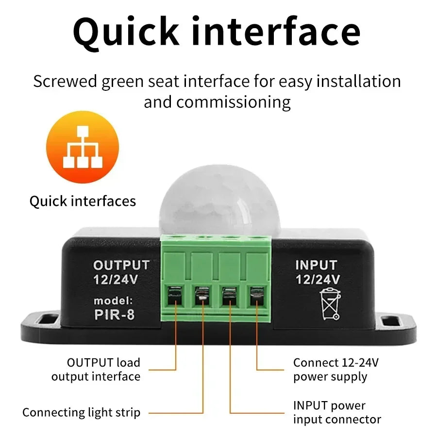 DC 12-24V PIR Motion Sensor Switch - Adjustable Delay Infrared Human Detection Ideal for LED Lights and Wardrobe Strip