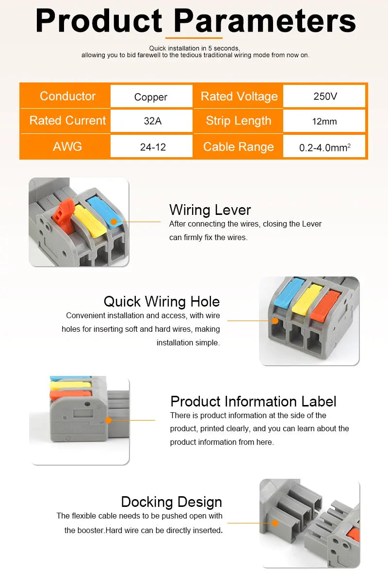 5PCS Male Female Docking Electrical Wire Connector Quick Universal Plug-in Type Butt Conductor Wiring Terminal Block With Lever