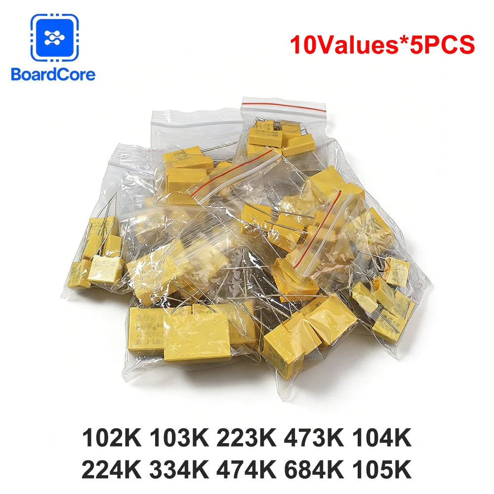 50PCS Polyester Film Capacitors Assortment Kit 102K~105K 0.047μF-1μF 275VAC X2 Safety Capacitor Assorted Pack