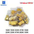 50PCS Polyester Film Capacitors Assortment Kit 102K~105K 0.047μF-1μF 275VAC X2 Safety Capacitor Assorted Pack