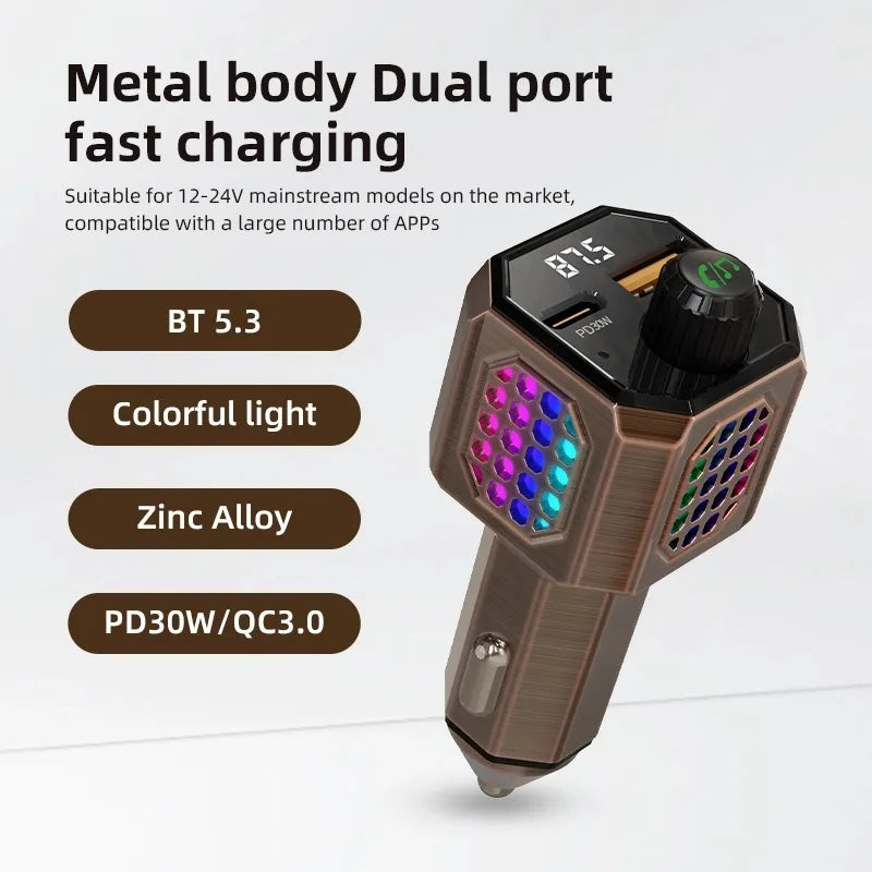 Car Adapter Bluetooth FM Transmitter For Car PD30W&QC3.0 Car Charger Bluetooth Adapter Zinc Alloy Color Light Hands-Free