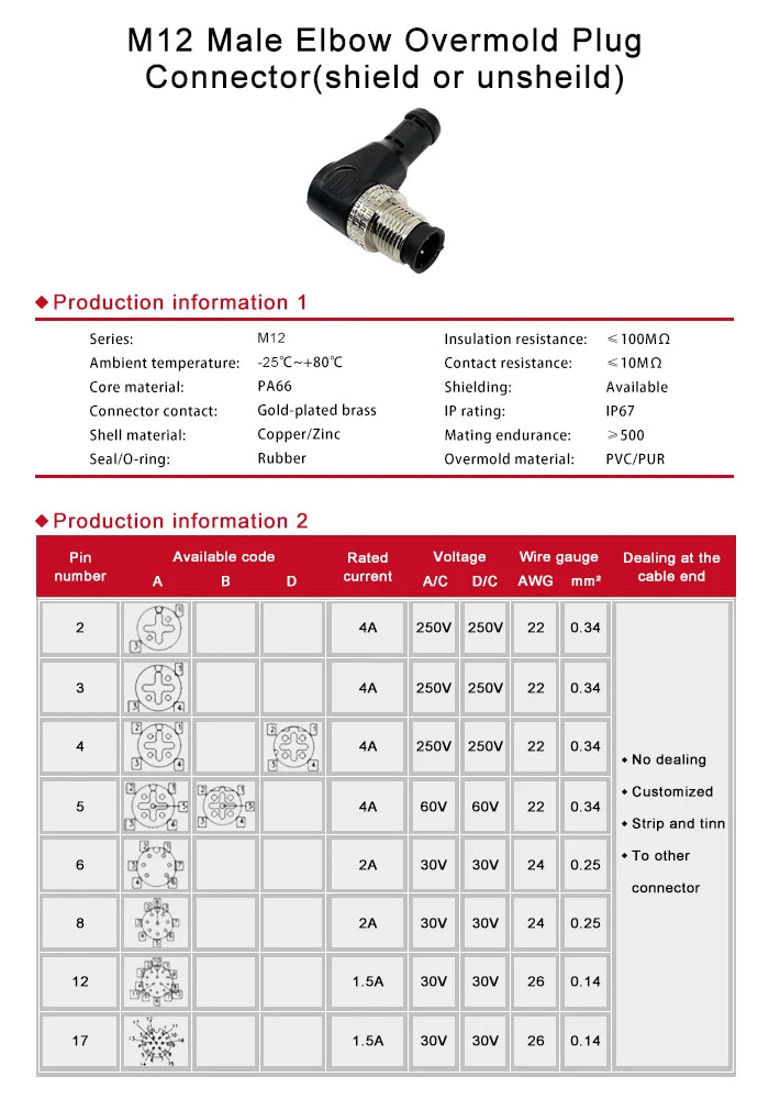 M12-4/5/8/12Pin Sensor Connector Cable Proximity Switch Plug NPN PNP Elbow 4Holes 5Holes 4Pins 5Pins Aviation Plug with 2m Wire