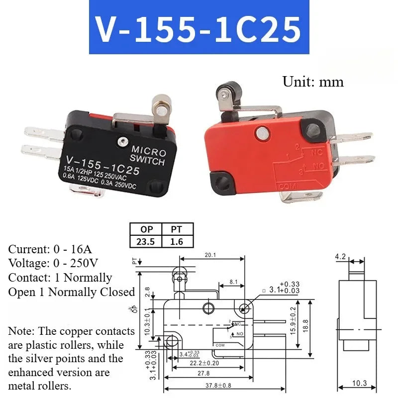 5pcs Travel Limit Switch Micro Switch Self-resetting V-152-1C25 3-pin Miniature Push Button Tactile Microswitch V-152 V-153 V-15
