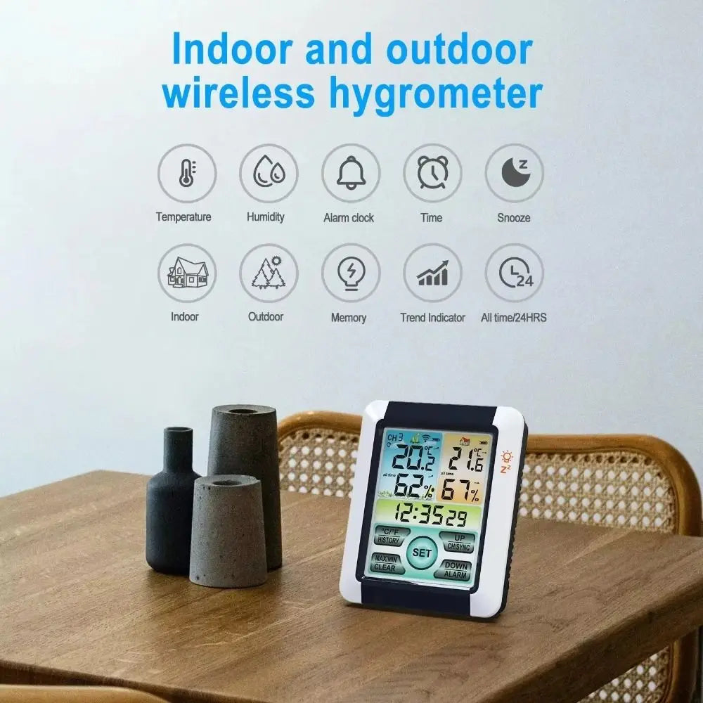 Wireless Temperature and Humidity Meter Barometer Alarm Clock Digital Weather Station Touch Screen Display Hygrometer