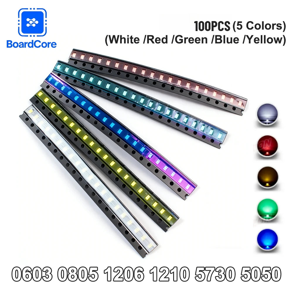 5 Colors SMD LED Light Emitting Diode Assortment Kit - 100pcs 0603/0805/1206/1210/5050/5730 Miniature LED Diodes