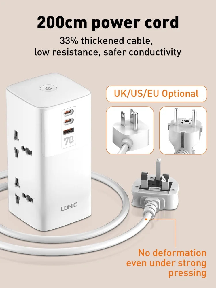 LDNIO Tower Multi Tap Cube Power Strip 70W Charging Stations 4 Outlet Line Filter UK US EU Korean Type Plug To Universal Adapter