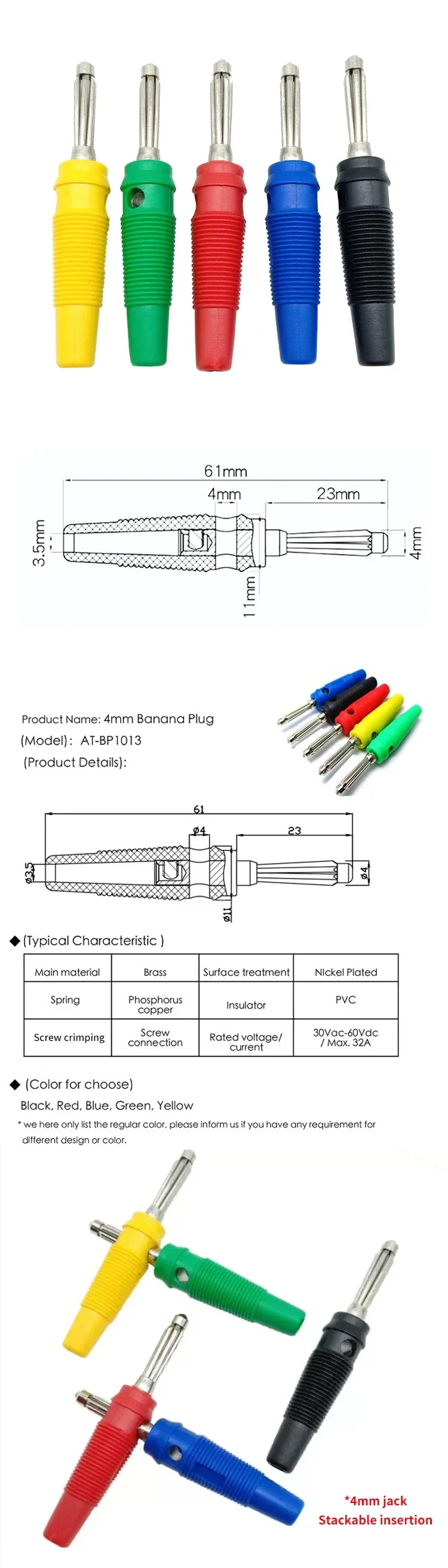 10PCS 4mm 32A Solderless Side Stackable Banana Plug High Current Insulated Shrouded Connector