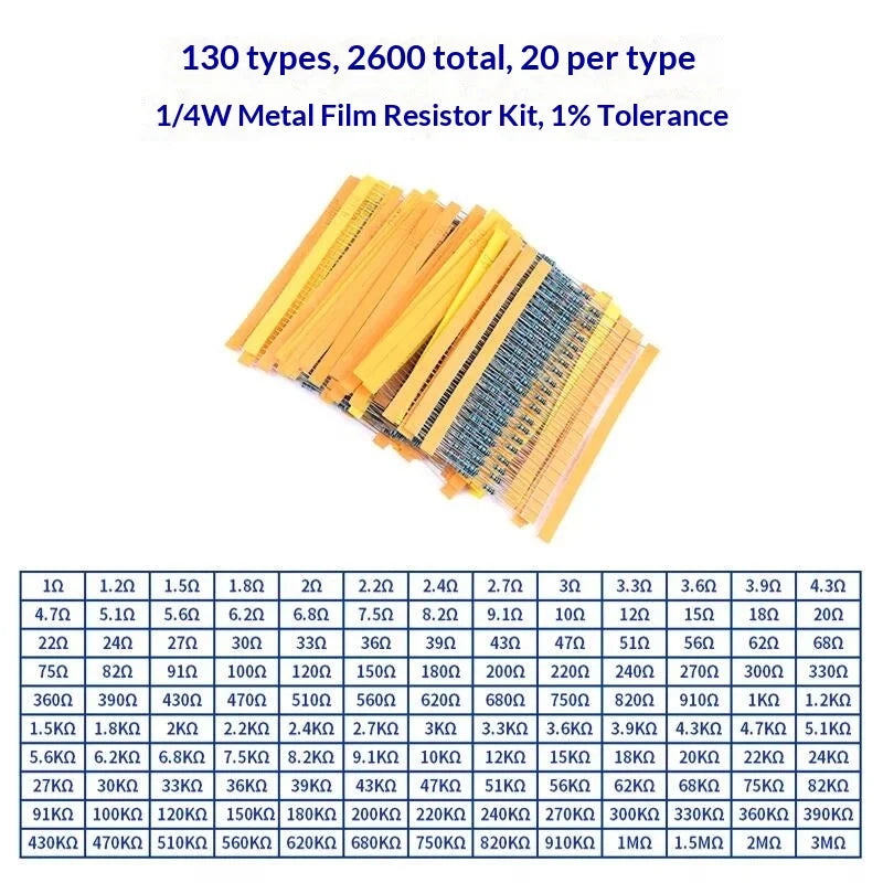 1% 5%  Metal Film Resistor Assortment Kit 1/4W 1/2W 1W 2W 3W 5W Through Hole 30/41/130 Values Electronic Components 300 600 2600
