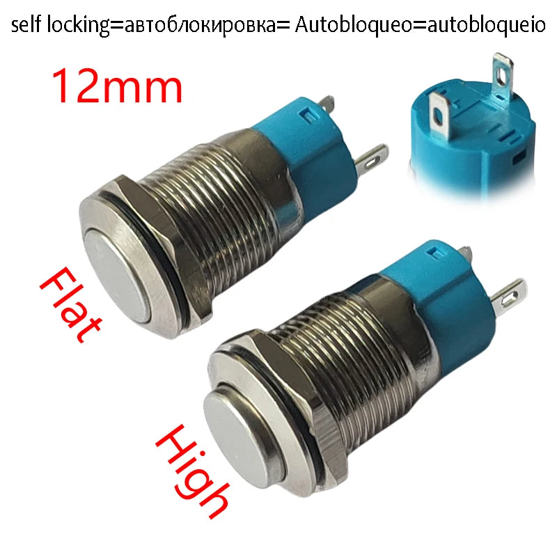 1PC 12mm 2Pin Metal Button Switch Fixed Latching No Light Waterproof Metal Push Button Self-locking Car Dashboard High Flat Head
