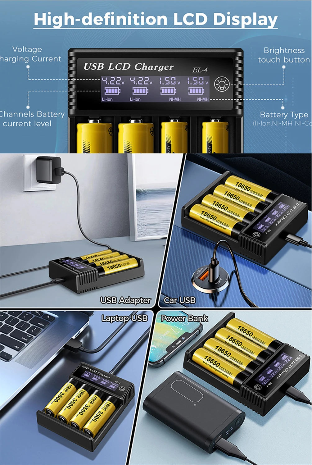 USB LCD Battery Smart Charger 1/2/4 Slots Dual For 18650 3.7V Rechargeable Lithium Battery For 1.2V NI-MH AA / AAA Battery