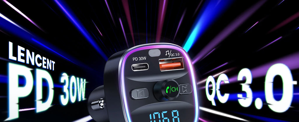 LENCENT Bluetooth 5.4 FM Transmitter with PD 30W &QC 18W Fast Charging Hands-Free Calling Wireless Radio Music Car Adapter