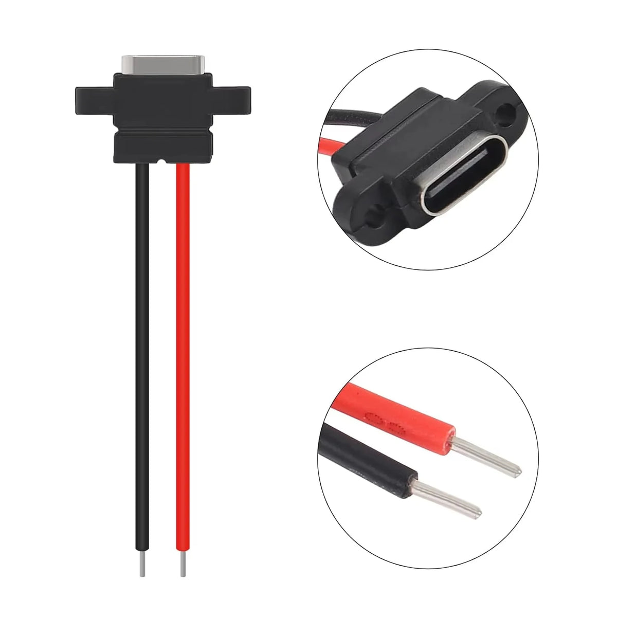 Waterproof USB Type C Female Socket, 2-Pin 3A Fast Charging Port, Direct Crimp Mount for Cable Repair & DIY Extension