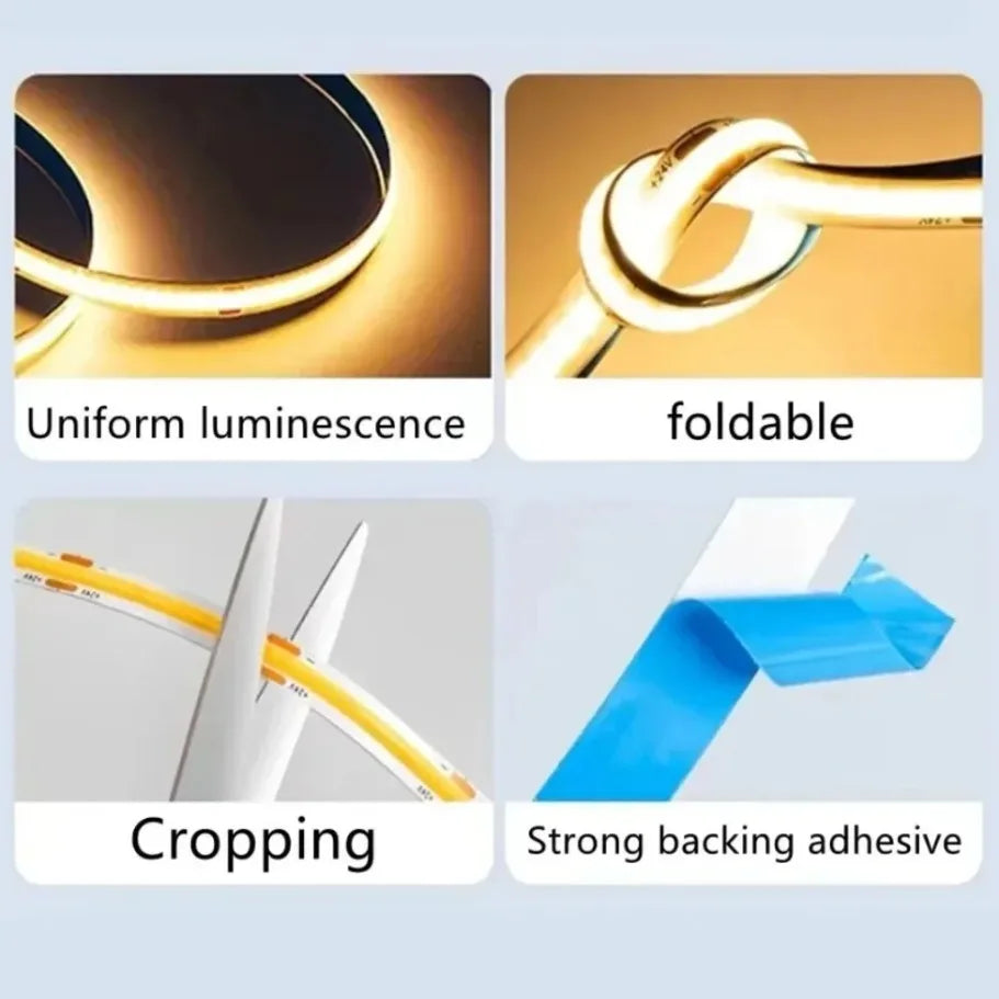 8mm Ultra Thin COB LED Strip DC12V/24V 0.5m-5m Flexible Tape with DC Plug 2pin Wire for Bedroom Living Room Cabinet Party Decor