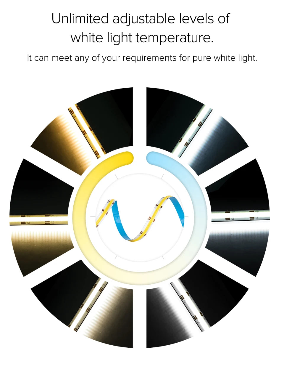FCOB CCT LED Light Strip 640 LEDs High Density Flexible FOB COB 10mm Led Lights RA90 3000K to 6000K Linear Dimmable DC12V DC24V