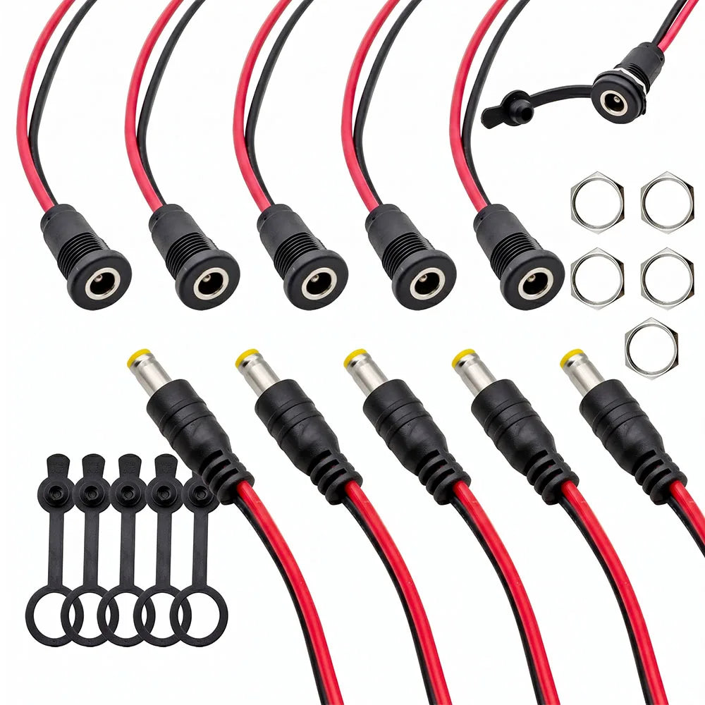 5 Pairs 5.5 X 2.1mm DC Power Male Plug and Jack Female Socket Threaded Panel Mount Barrel Connector Adapter with Waterproof Cap