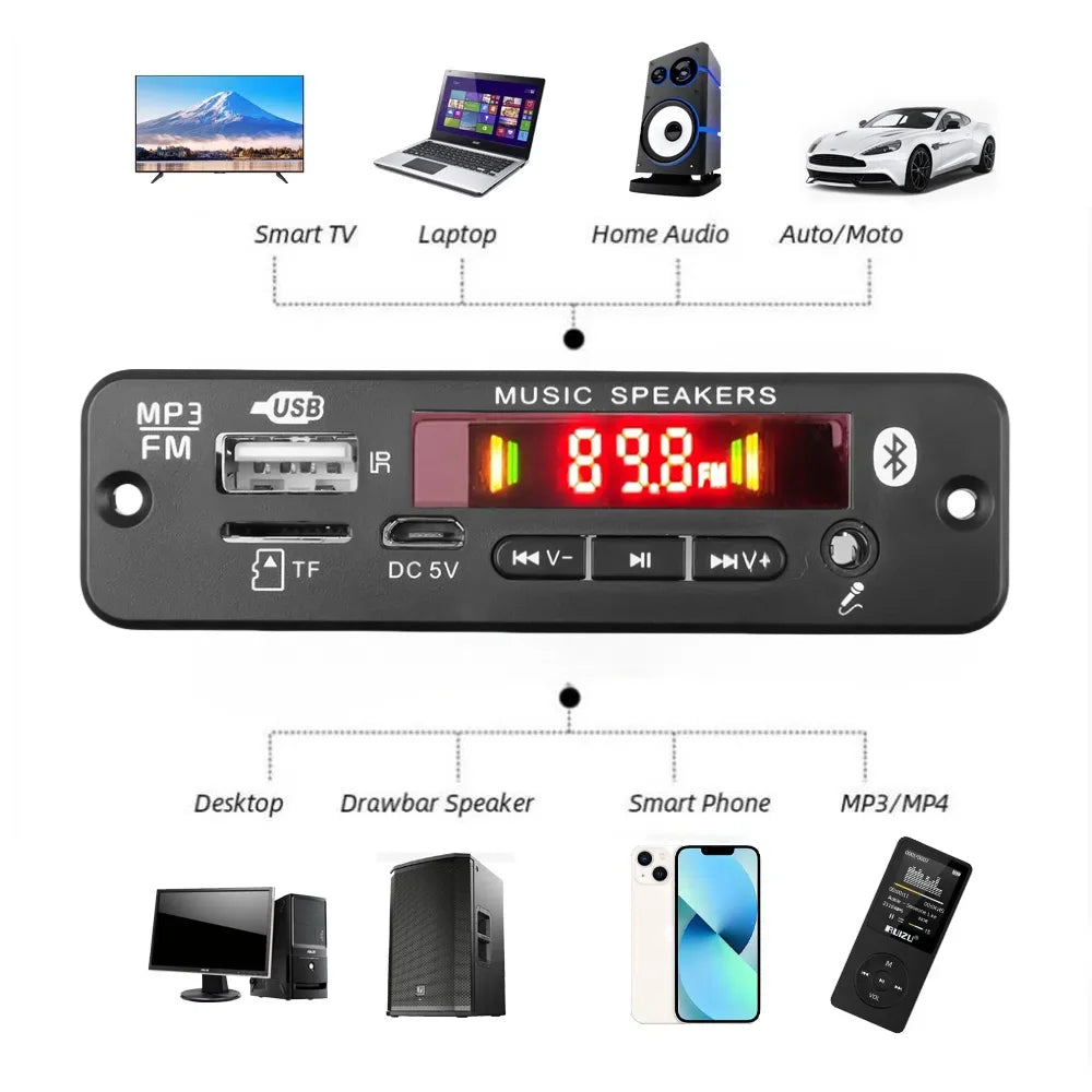Bluetooth 5.0 MP3 Decoder Board 2*20W 40W Amplifier Audio Player 12V DIY MP3 Player Car FM Radio Module TF USB Mic Record Call