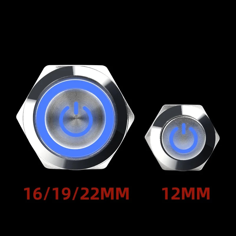 12 16 19 22MM Metal Button Switch LED Light Waterproof Momentary  Self-Locking Car Engine Power Supply 5V 6V12V24V 220V Red Blue