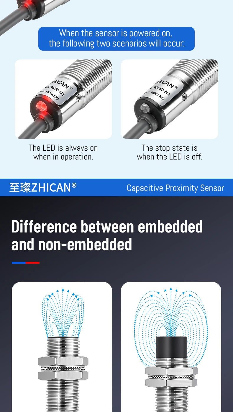 ZHICAN E2K M12 M18 Capacitive Proximity Sensor 30mm Long Range Plastics Glass Wood Metals Nonmetal Material Detection Switch