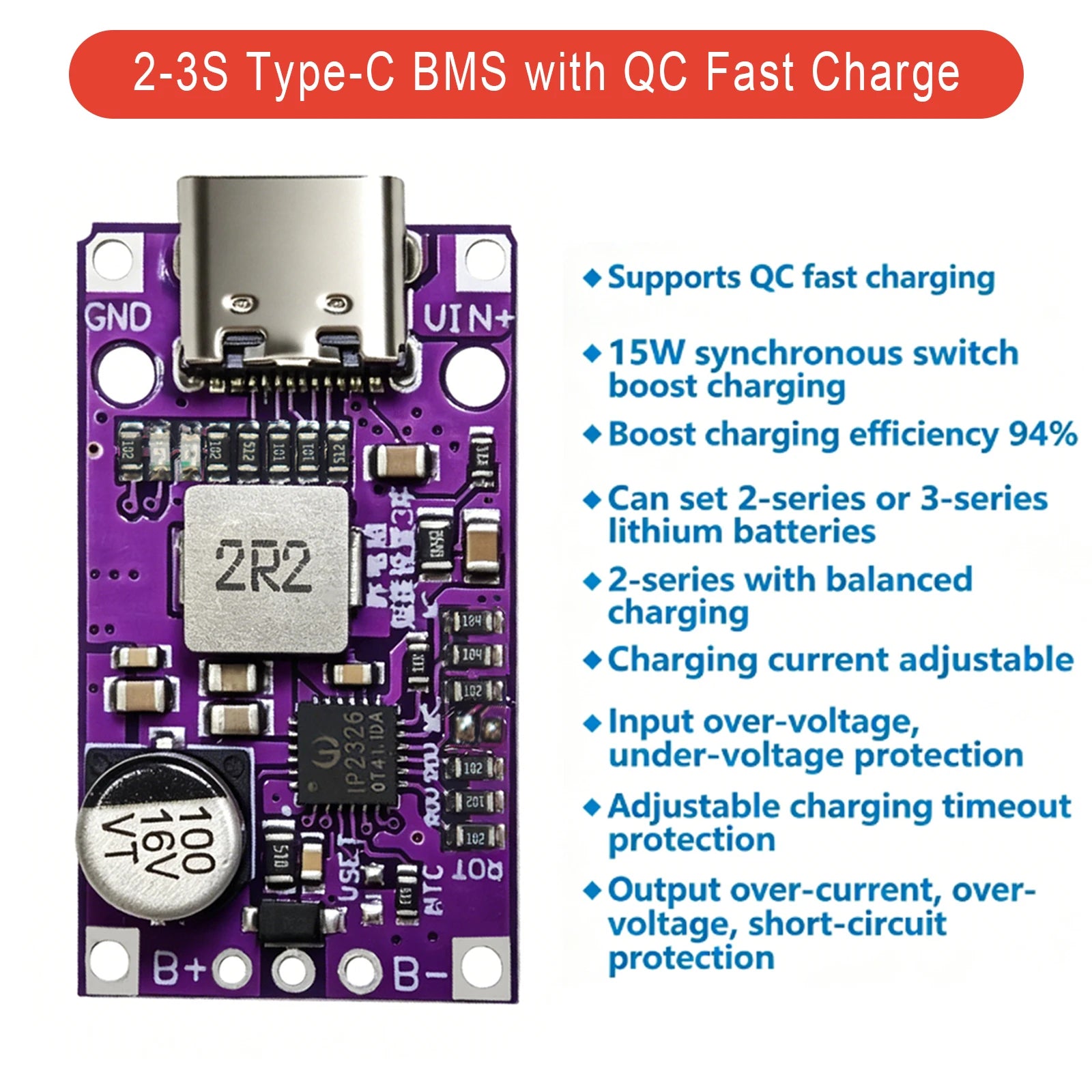 1-10PCS Type-C BMS with Balance Charging 15W Fast Charge Li-ion Battery Boost Module 2S 3S 8.4V 12.6V for DIY BMS PCB High