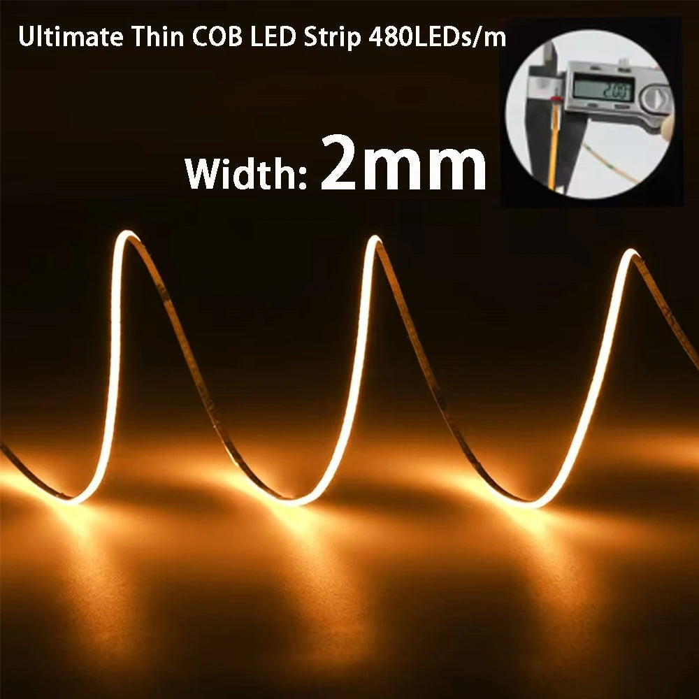 5V 12V 24V 2mm 3mm 4mm Ultra Slim COB LED Strip Lights DIY mini Figure 480LED/m Flexible Tape Light for Car Room Decoration