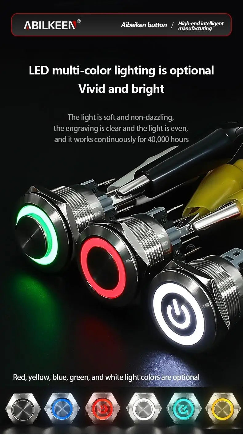 ABILKEEN 22/25MM 1NO1NC/2NO2NC Metal Push Button Switch IP65 Waterproof Momentary/Latching Push Button with LED Ring Light