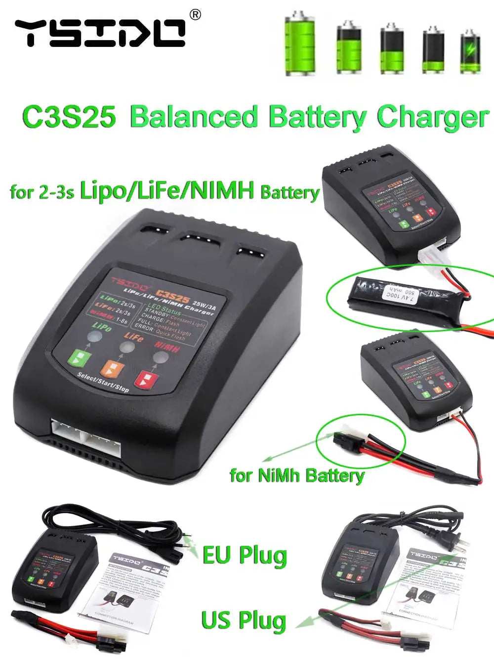 C3S25 25W/3A Mini Charging Balance Charger EU/US Plug for RC 7.4V-11.1V 2-3s Lipo NiMh Battery Remote Control Toy Car Charger