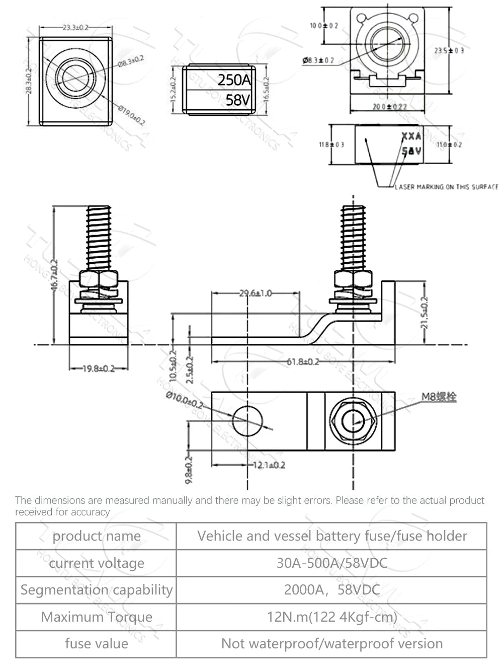 30A-300A Battery Terminal Mount MRBF Waterproof Fuse Block Kit 58V Stud 5/16" Marine Rated Battery Fuse for Boat Truck