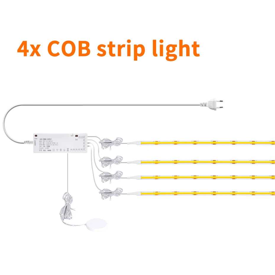 24V COB LED Strip with EU/US/AU/UK Plug Touch Dimmer Switch Adhesive Backing for Cabinets Shelf Closet Kitchen Lighting 1-6pcs