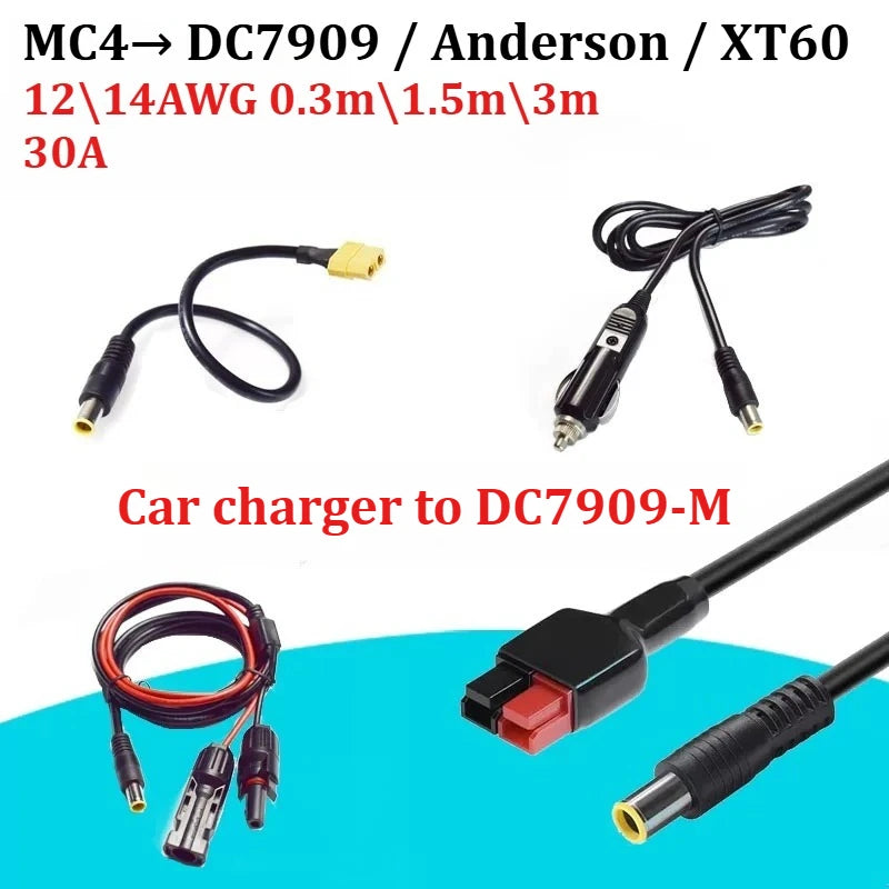 1PCS Solar MC to DC7909 Male/Female + 30A Anderson + XT60 Male/Female Adapter Cable, 12AWG Pure Copper PV Extension Wire