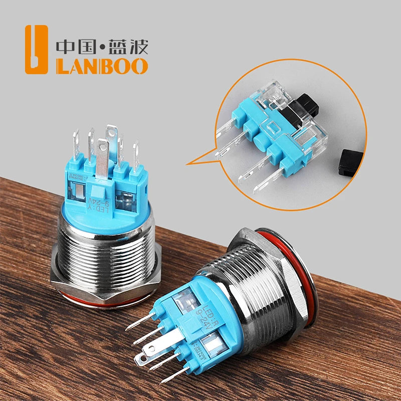 LANBOO 22B2 Economy Metal Pushbutton Switch / 1NO1NC / Momentary or Latching Available. Ring/Power Supply Button