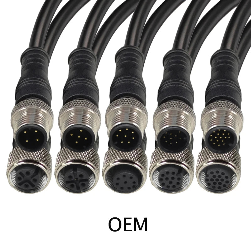 M12 Cable Connector Male and Female Circular Shield 2 3 4 5 6 7 8 9 12 17 Pin PVC PUR Straight Angle Mold OEM Waterproof