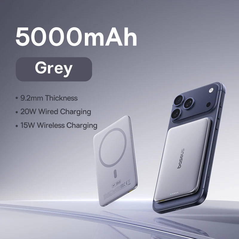 Baseus 5000mAh Magnetic Power Bank 15W Wireless 20W Wired Charging Thin Card-Sized Slim Portable Powerbank for iPhone 17 Samsung